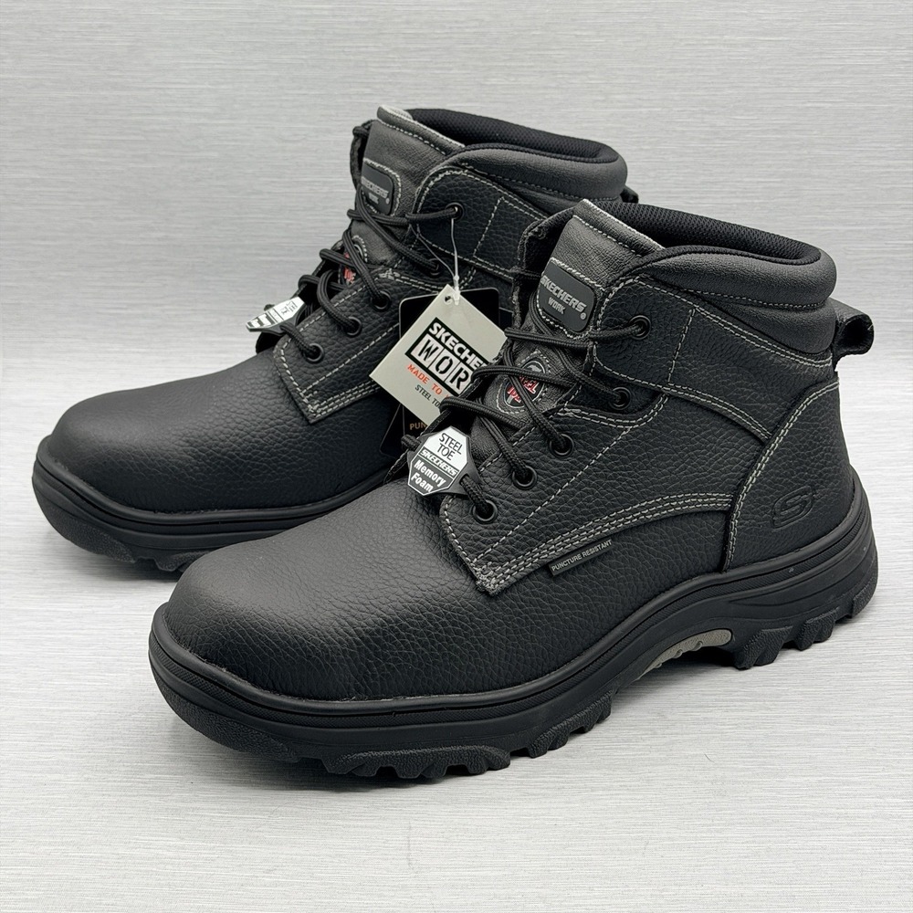 Skechers Men's Boots 13 Safety Steel Toe Black Leather Water Repellent Comfort